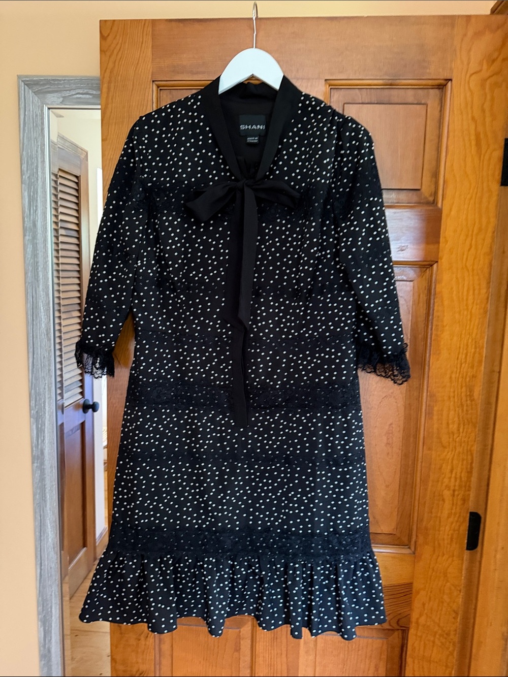 SHANI Black Polka Dot Tie-Neck Long Sleeve Midi Dress